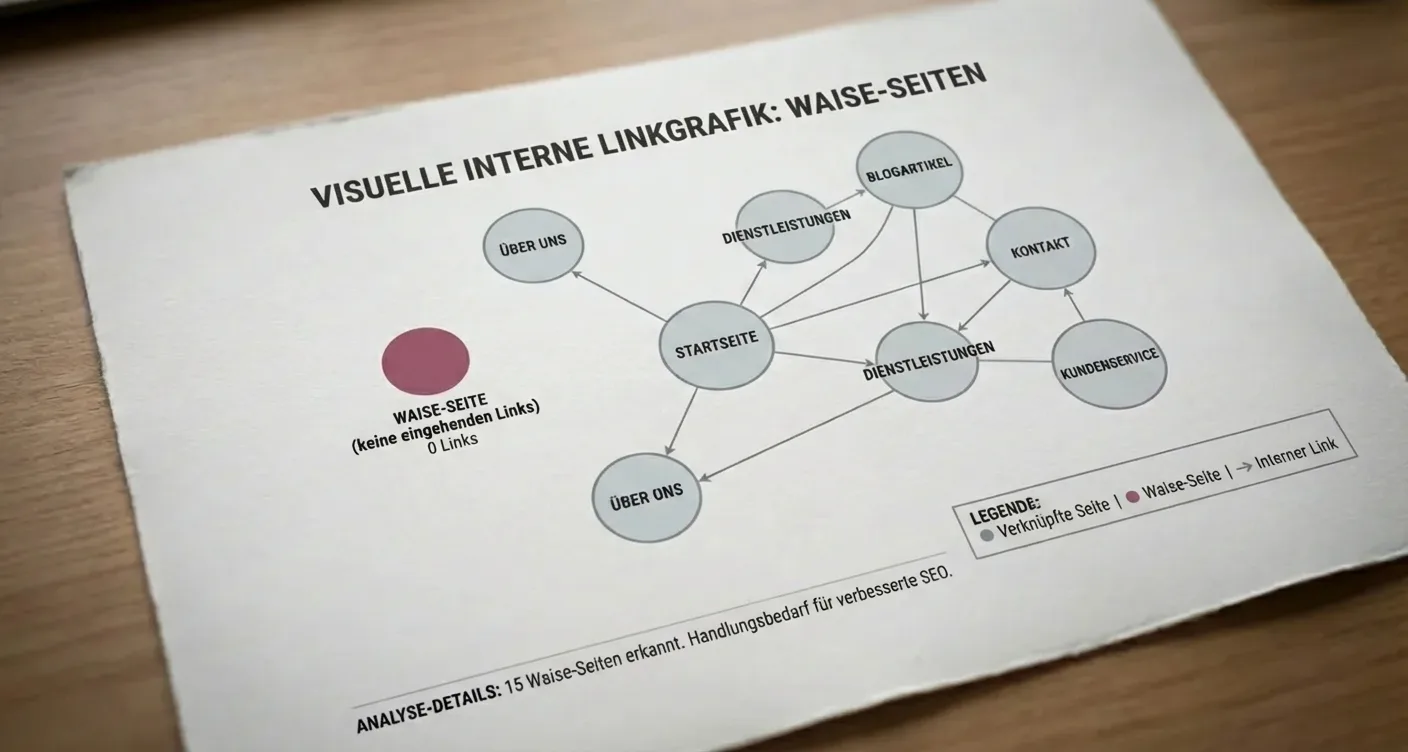 Nahaufnahme eines detaillierten, scharf fokussierten visuellen Diagramms einer internen Linkgrafik, die die Verbindungen zwischen Webseiten zeigt, professionelles Aussehen