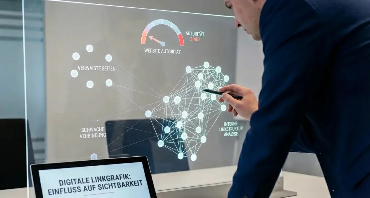 Eine realistische, dynamische Actionaufnahme, die eine digitale interne Linkgrafik mit verwaisten Seiten visualisiert, wobei schwache Verbindungen die Autorität einer Website reduzieren