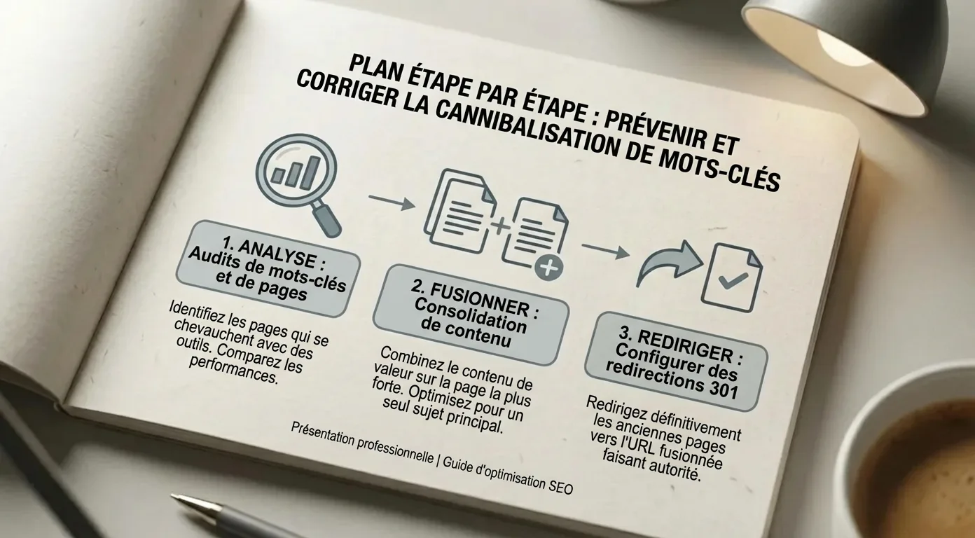 Infographie SEO: prévenir & résoudre la cannibalisation de mots-clés avec analyse, fusion & redirections 301.