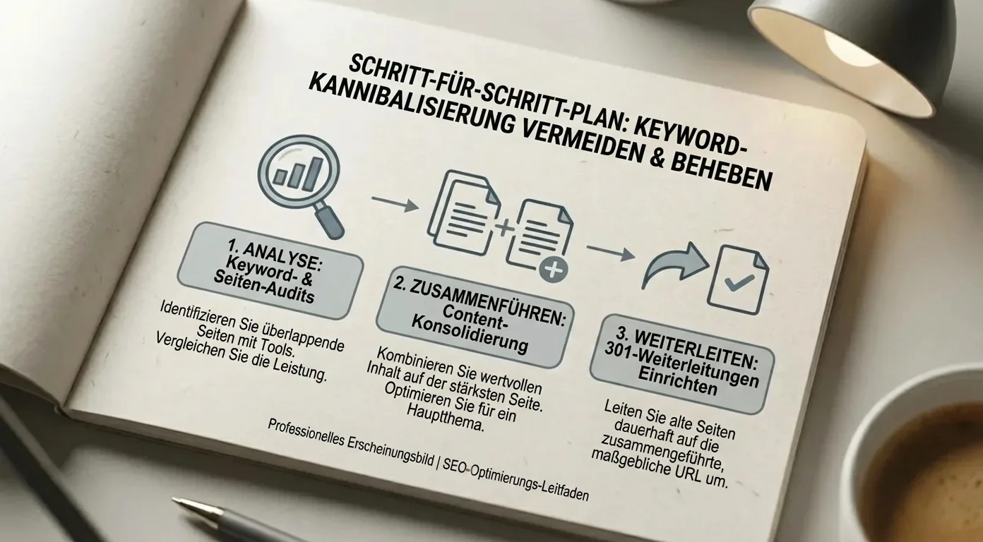 Infografik: Schritte zur Vermeidung & Behebung von Keyword-Kannibalisierung. Anleitung mit Analyse, Zusammenführung, 301-Weiterleitung.