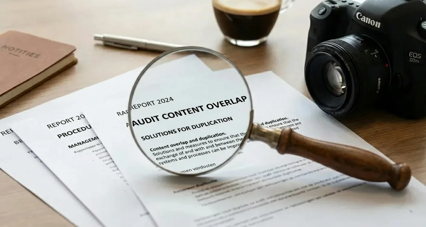 Auditing overlapping documents with a magnifying glass for SEO content overlap and keyword cannibalization.