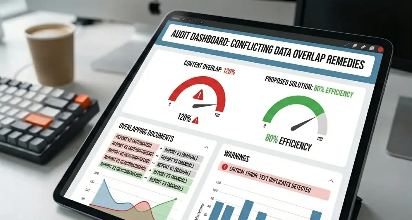 Digital dashboard showing conflicting marketing data for a content audit.