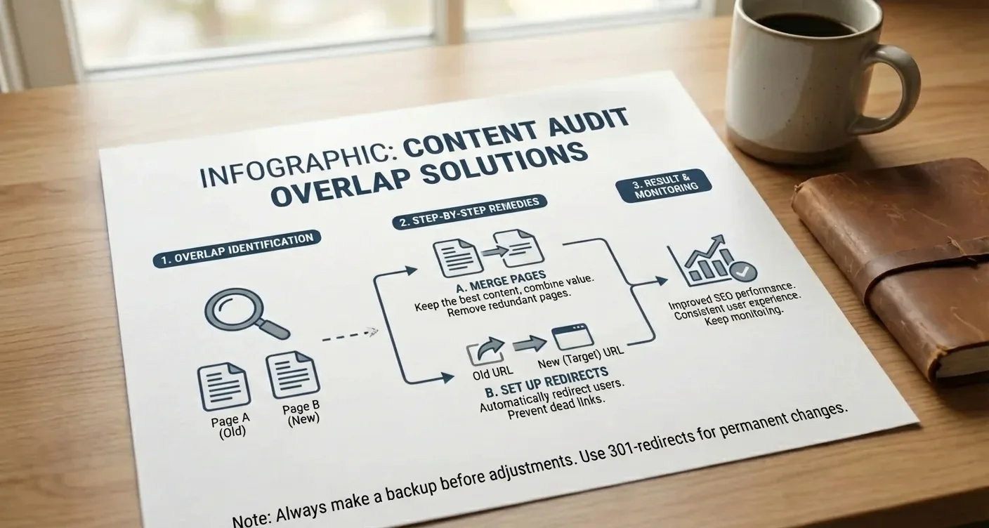 Infographic detailing content overlap audit solutions: merging pages, 301 redirects. Step-by-step guide for SEO content strategy.