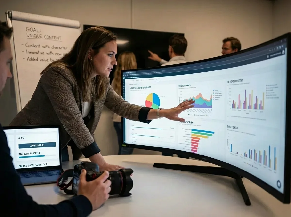 Professional SEO specialist analyzing complex content audit data on a large screen, optimizing digital marketing strategy.