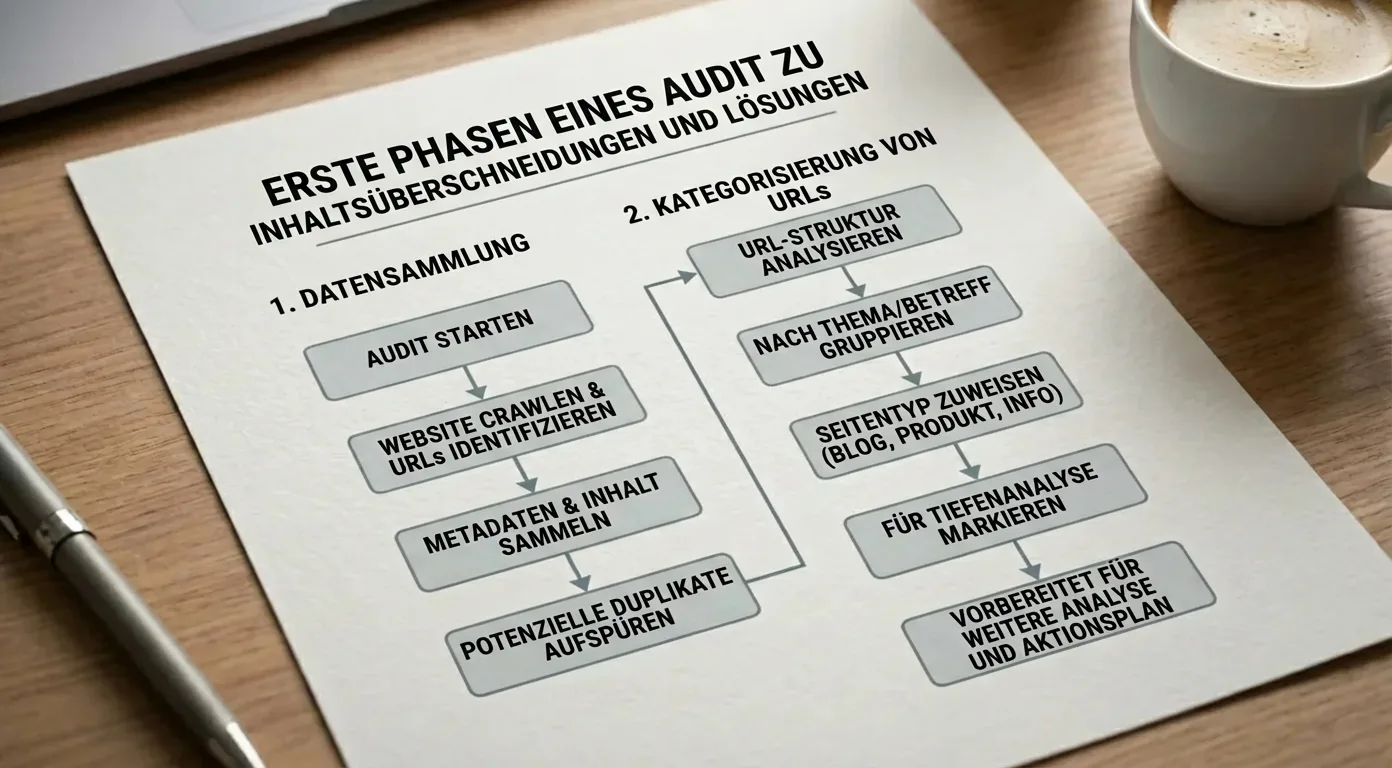 Infografik Flussdiagramm: Erste Schritte im Content-Audit gegen Überschneidungen, mit Datenerfassung und URL-Kategorisierung.