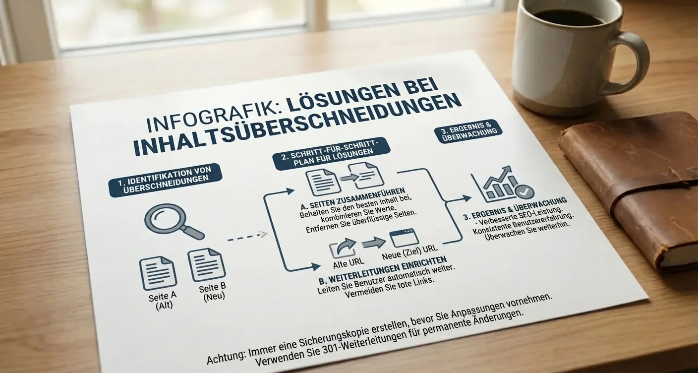 Infografik zum Content-Audit: Maßnahmen gegen Content-Überschneidungen. Seiten zusammenführen & Weiterleitungen für SEO.