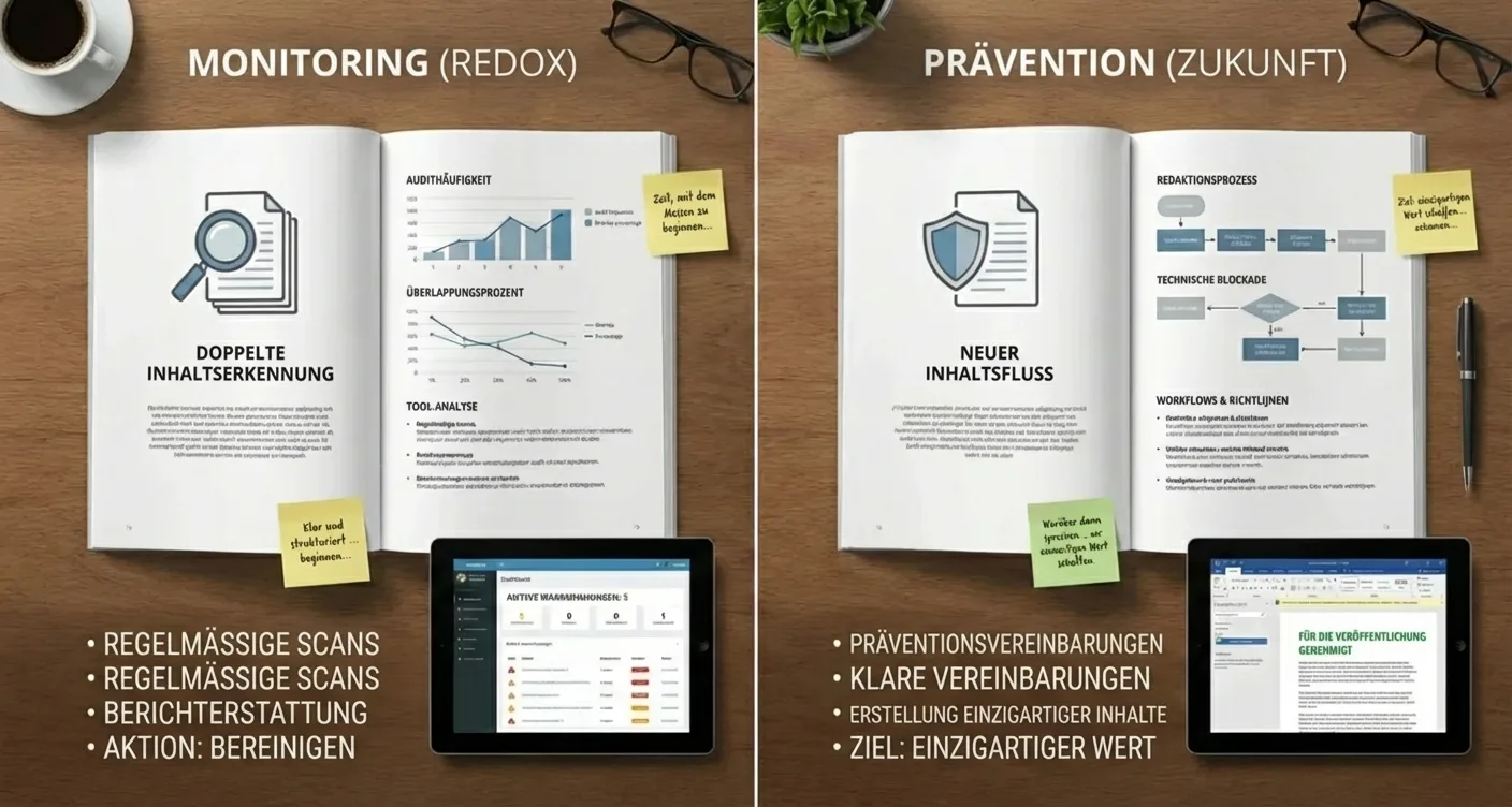 Gegenüberstellung: Duplicate Content vermeiden und überwachen. SEO-Maßnahmen gegen Content-Überschneidungen strategisch planen.