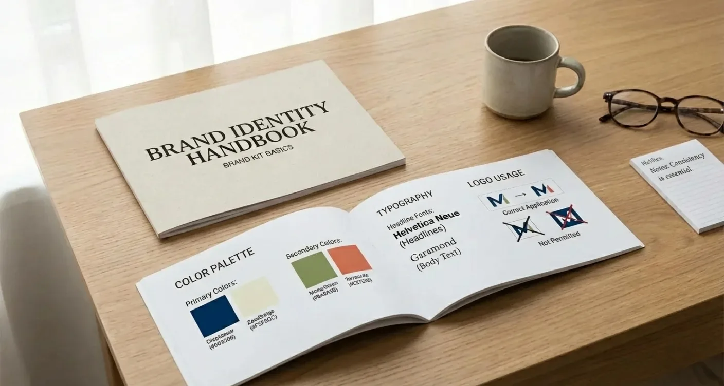 Minimalist brand style guide explaining brand kit essentials on a modern desk. Clean design for consistent brand identity.