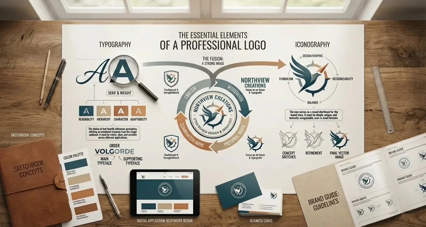 Infographic detailing brand kit essentials, professional logo design elements, and the link between typography & iconography.