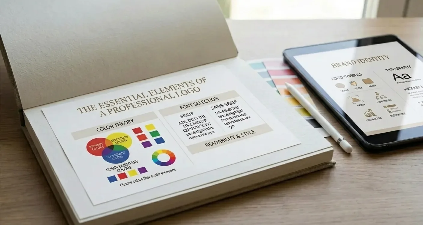 Infographic: brand kit basics, essential professional logo design elements, color theory, font selection.