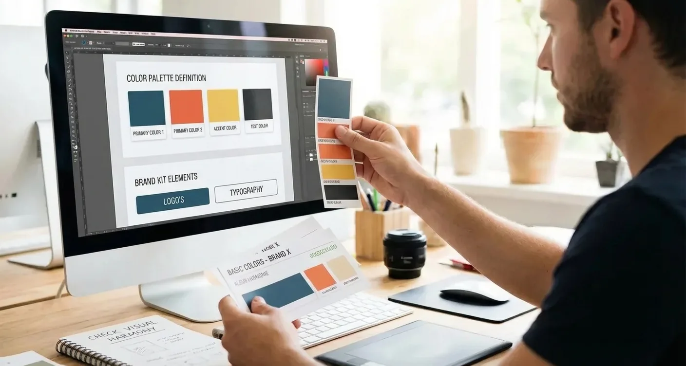 Designer matching digital and physical color swatches for brand identity and consistent visual design.