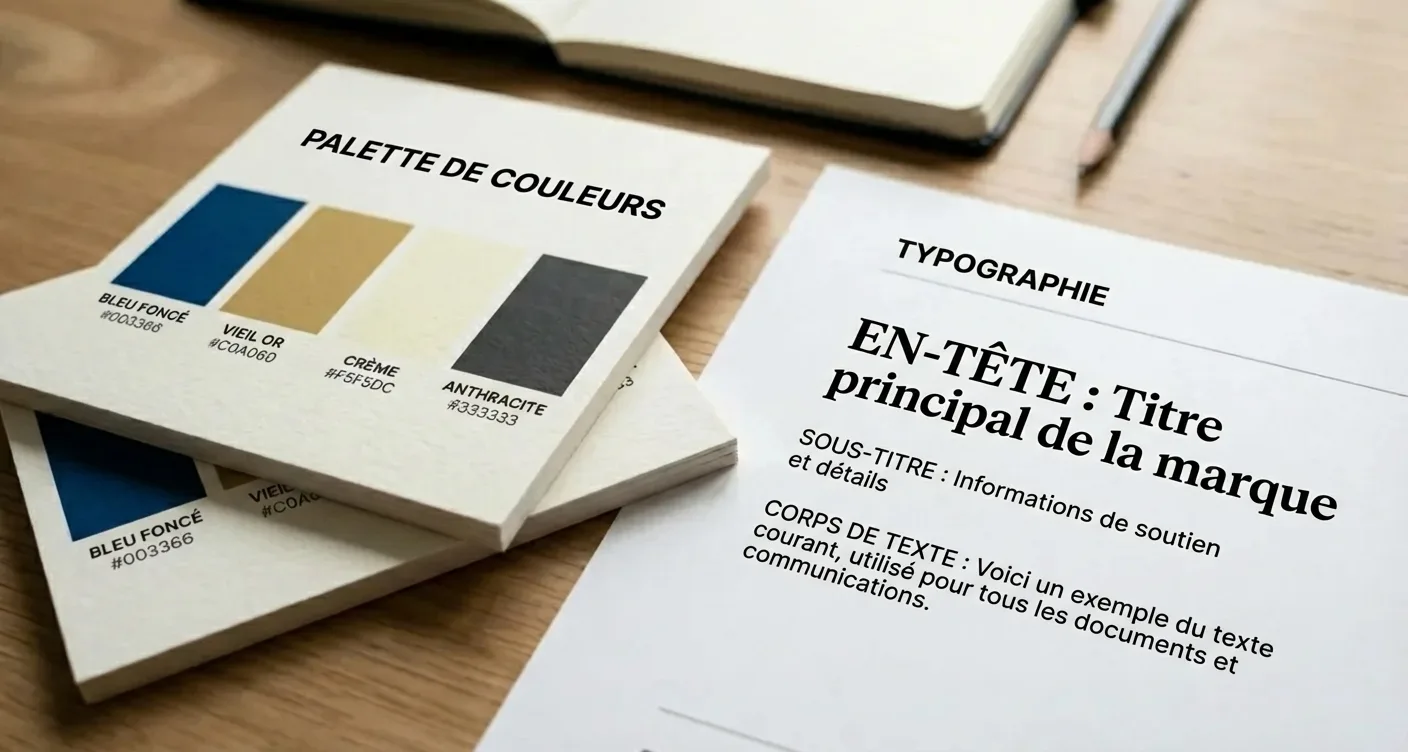 Détail net d'une palette de couleurs et de la typographie, éléments clés d'une identité visuelle ou charte graphique.