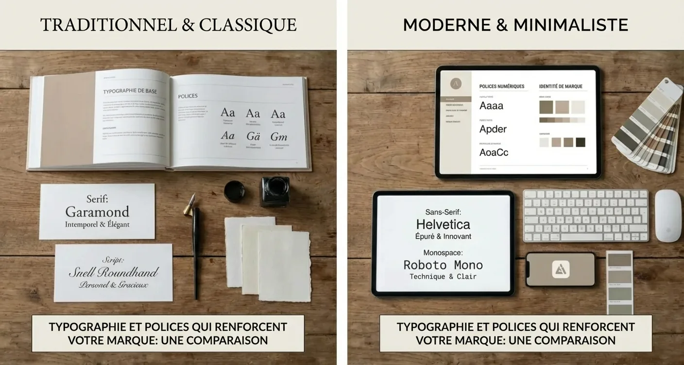Mise en page comparative de typographies et polices d'un kit de marque professionnel pour renforcer l'identité visuelle.