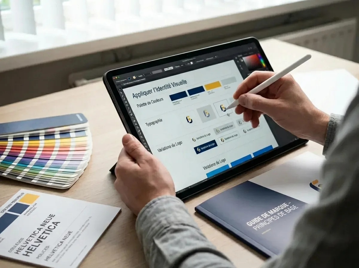 Gros plan sur un designer UX/UI appliquant les principes d'une charte graphique sur une interface numérique.