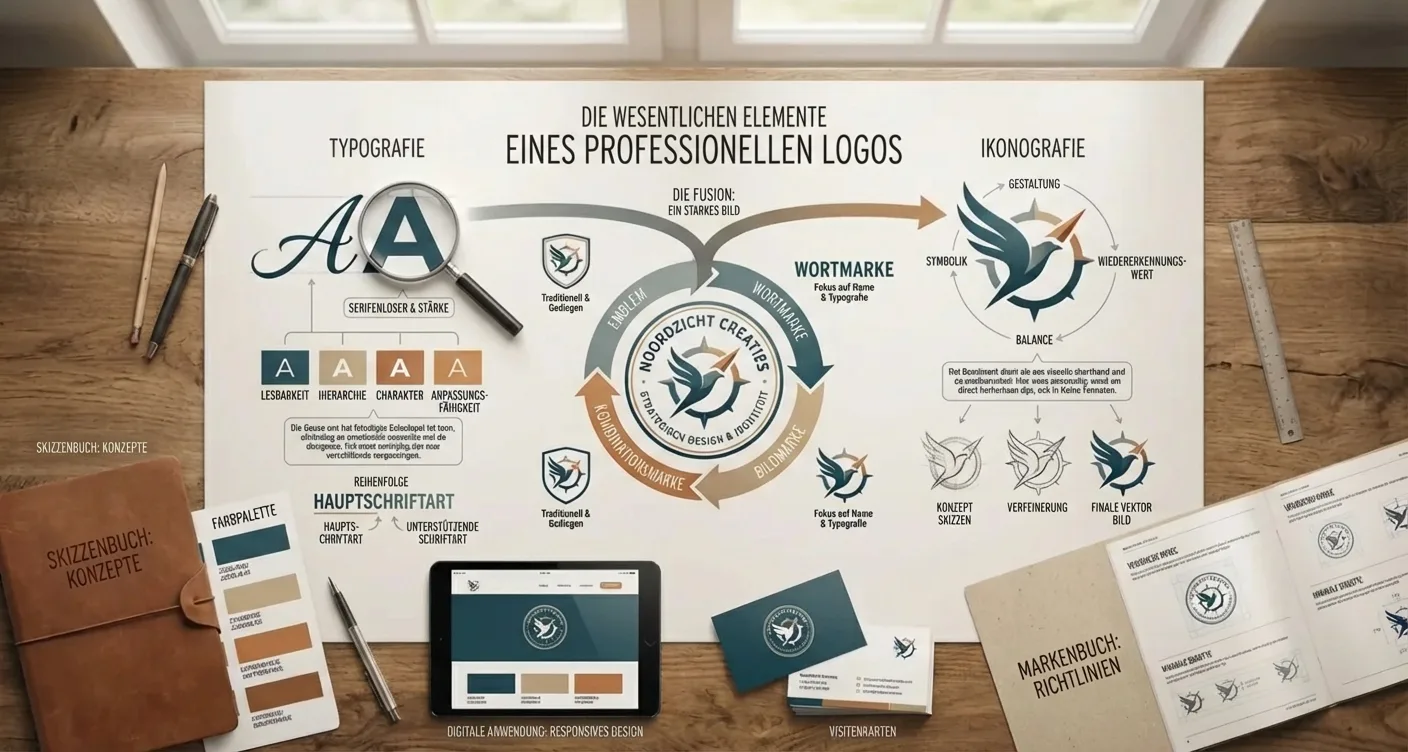 Infografik: Wesentliche Elemente professioneller Logos für Markenrichtlinien, inkl. Typografie & Ikonografie.