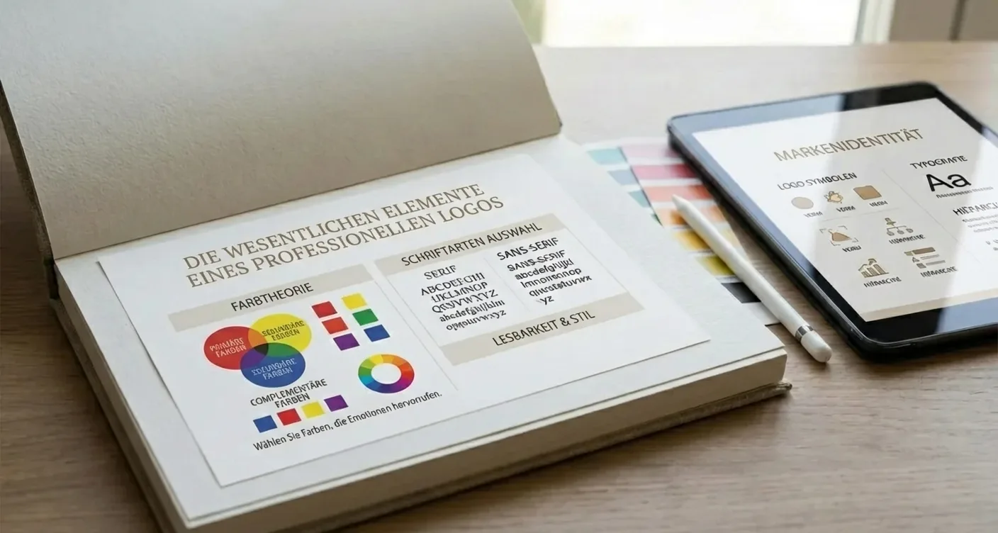 Infografik: Professionelles Logo Design – Elemente, Farbtheorie und Typografie für Brand Kit & Markenidentität.