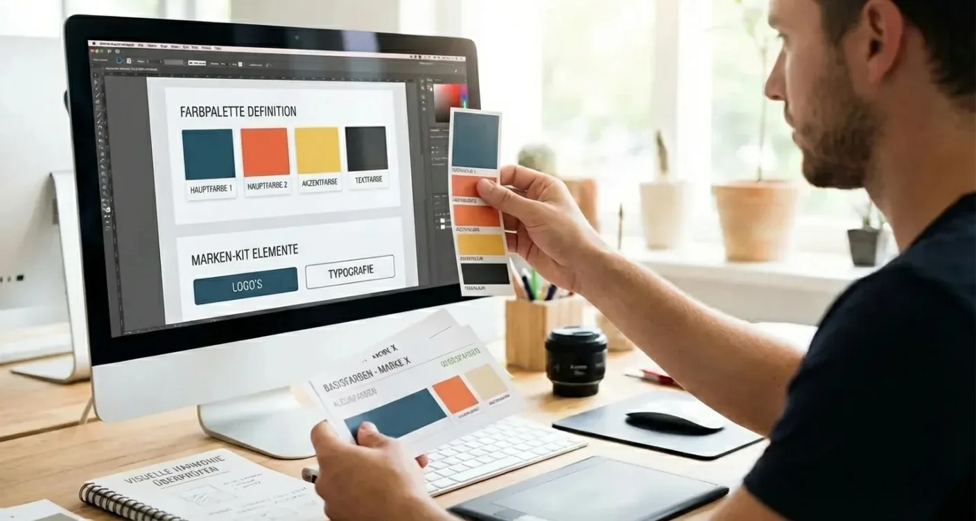 Designer prüft Farbmuster am Bildschirm & physische Drucke. Wichtig für Corporate Design, Branding & Farbharmonie.