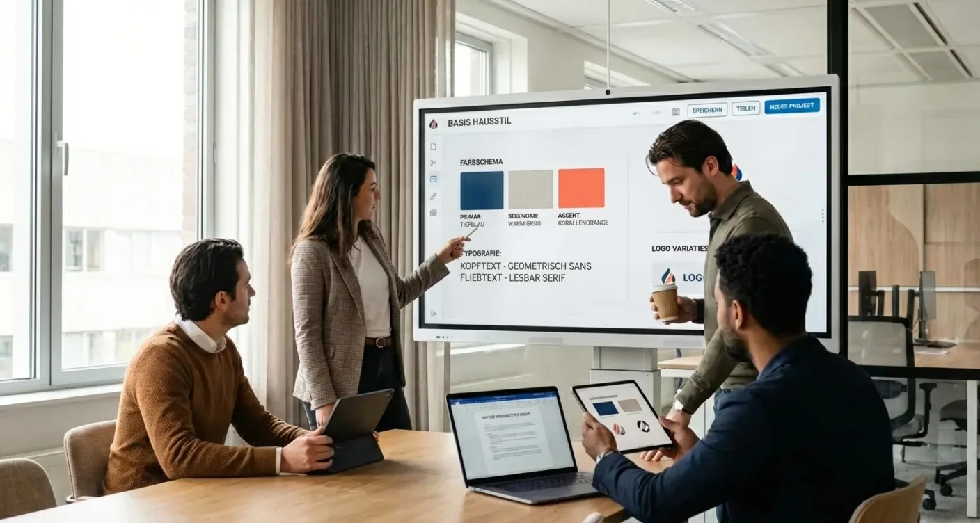 Team im modernen Büro diskutiert Markenfarben auf digitalem Whiteboard für Brand Kit Erstellung und Corporate Design Entwicklung.