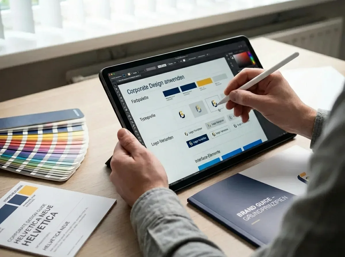 Designer erstellt professionelles Brand Kit auf digitaler Oberfläche für ein starkes Markenbild.