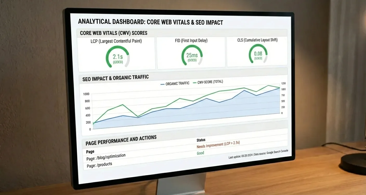 Analytics dashboard showing Core Web Vitals and content metrics, visualizing SEO impact
