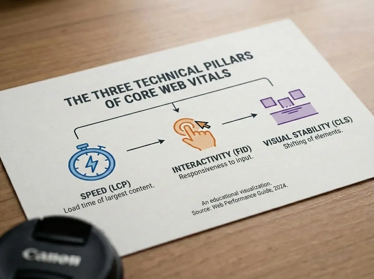 Infographic explaining Core Web Vitals pillars: page speed, interactivity, and visual stability.