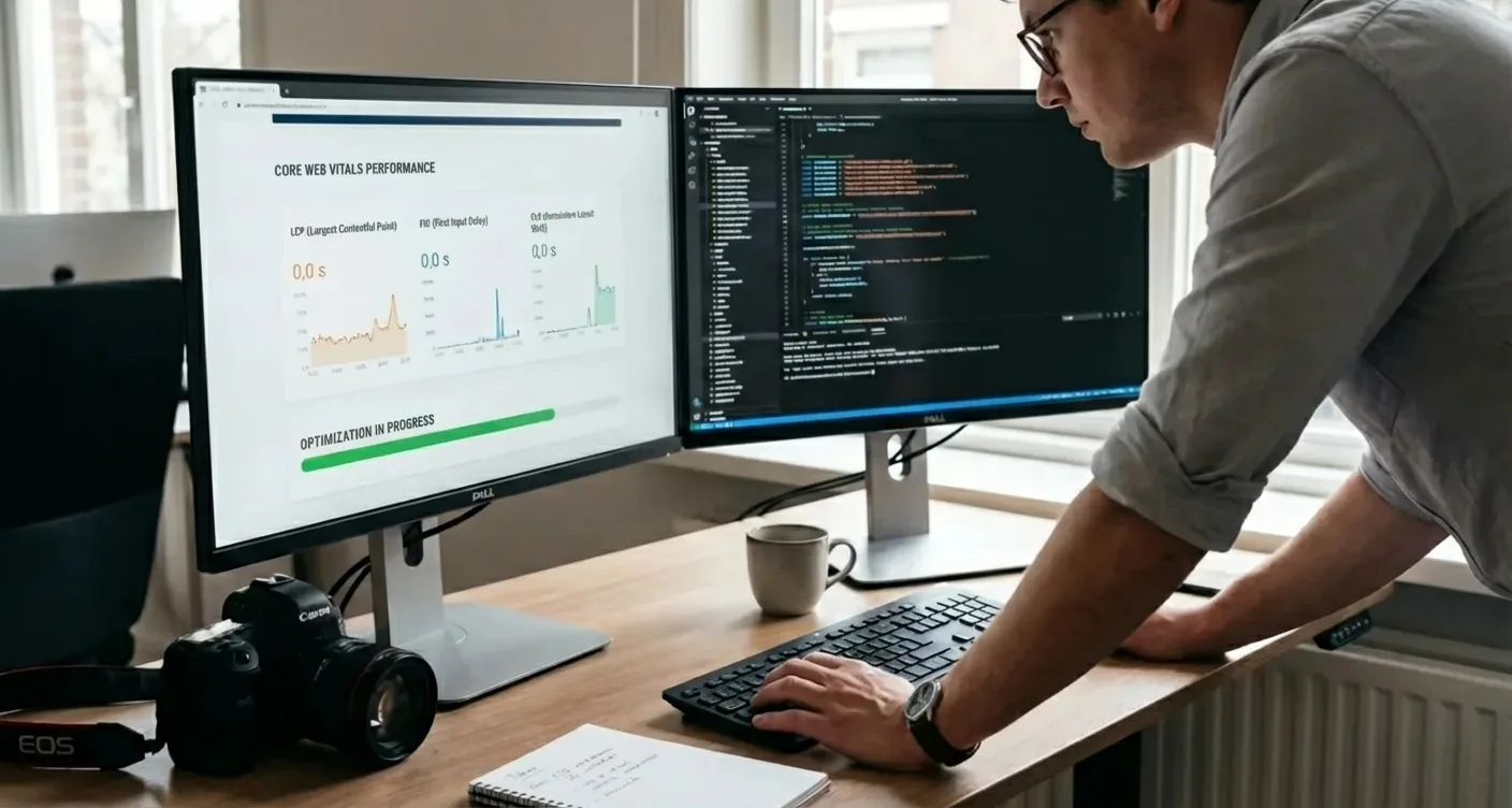 Web developer optimizing website speed using Core Web Vitals, with performance graphs and code editor visible.