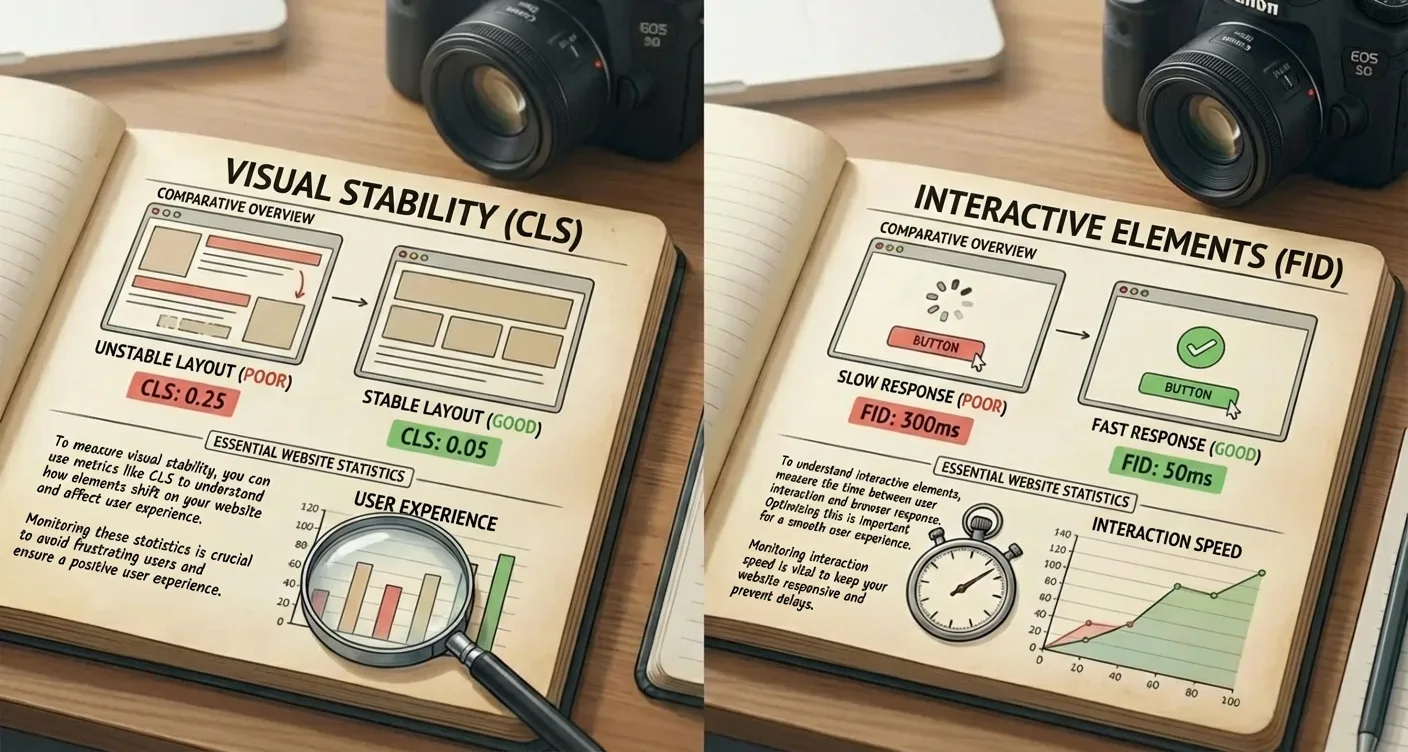 Core Web Vitals comparison showing visual stability (CLS) and interactive elements (FID, INP) for better SEO.