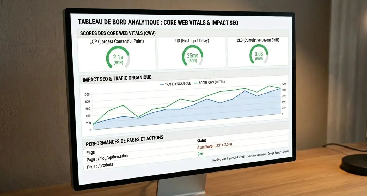 Tableau de bord analytique des Core Web Vitals pour l'optimisation de la performance web et le SEO.