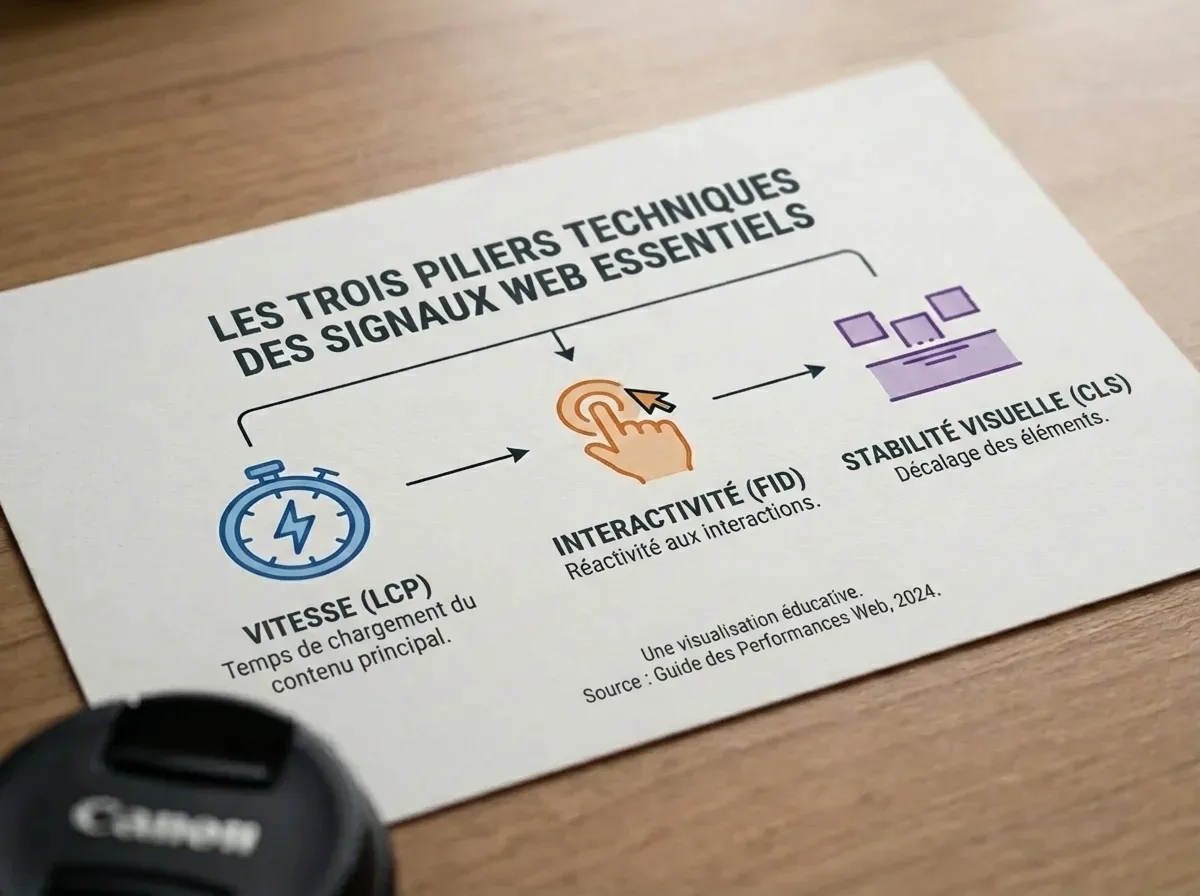 Infographie Core Web Vitals : LCP, FID, CLS, les 3 piliers techniques pour optimiser vitesse, interactivité et stabilité visuelle.