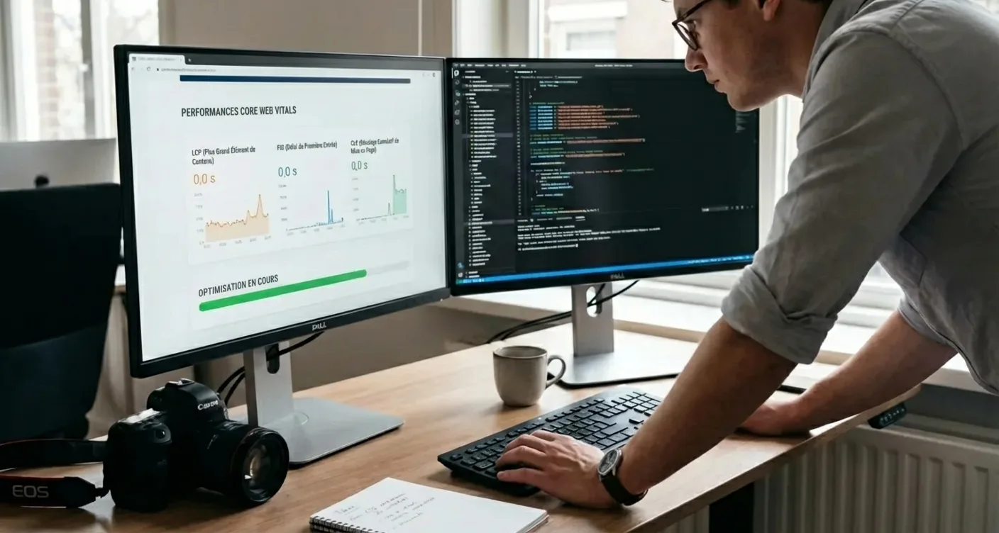 Développeur web optimisant les Core Web Vitals: analyse de code, graphiques de performance web et UX.