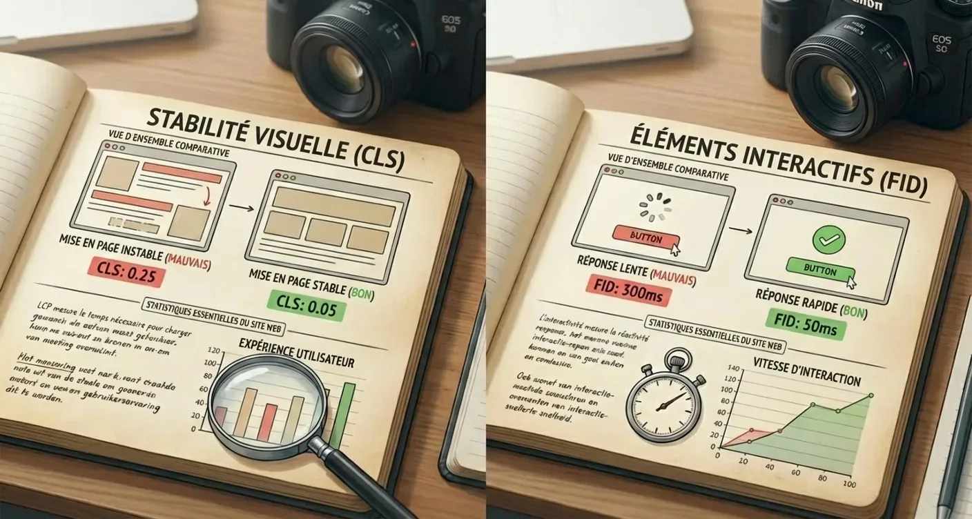 Mise en page comparative Core Web Vitals: stabilité visuelle et interactivité pour une performance web optimale.
