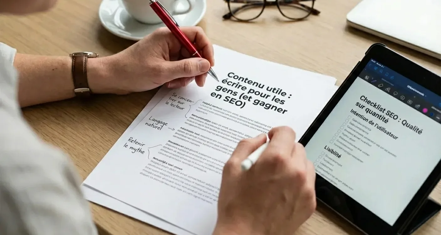 Rédacteur web en gros plan optimisant un contenu de qualité pour le SEO et l'expérience utilisateur.