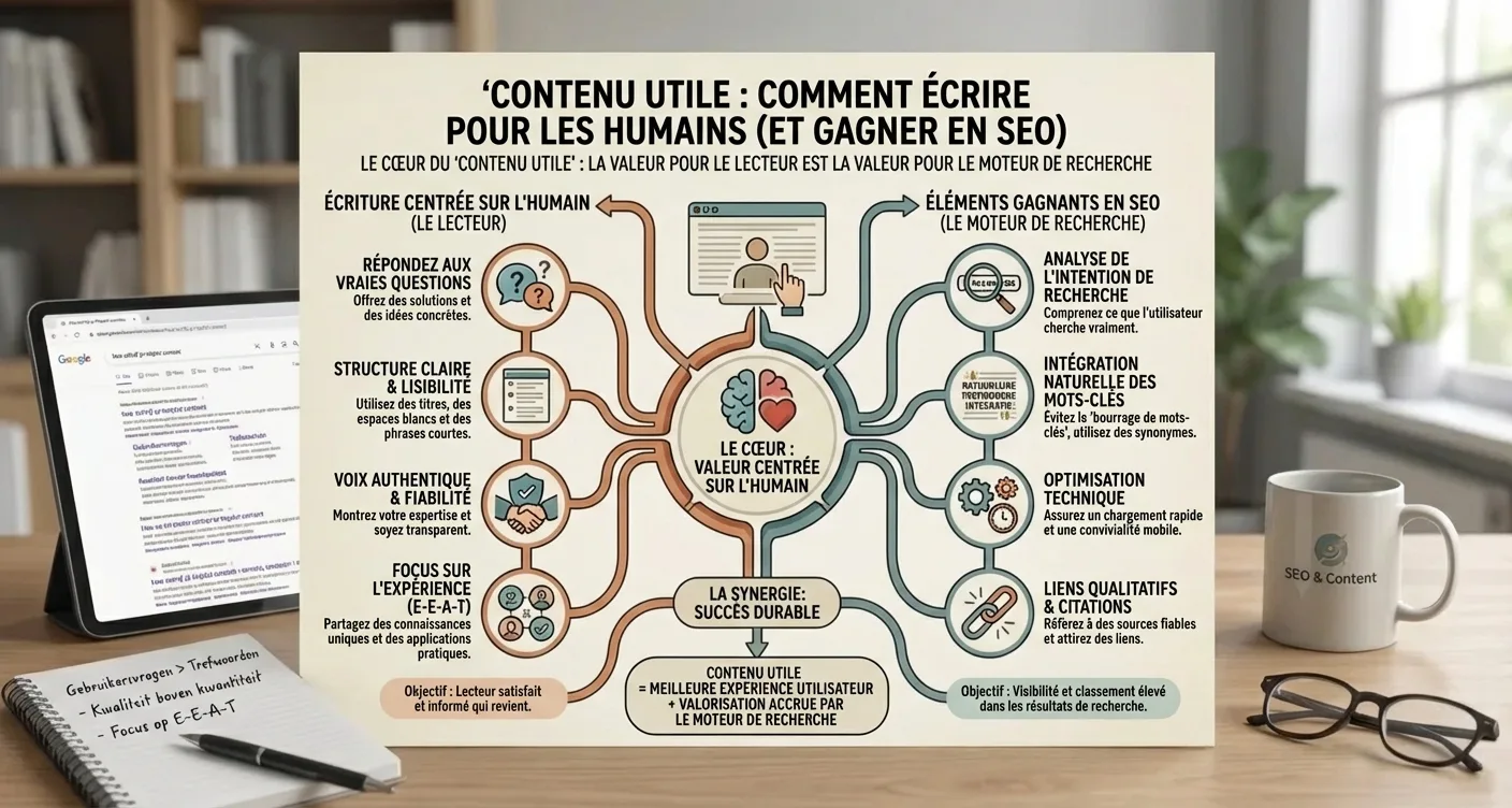 Infographie sur la rédaction web SEO : créer du contenu utile pour les humains et optimisé pour le référencement naturel.