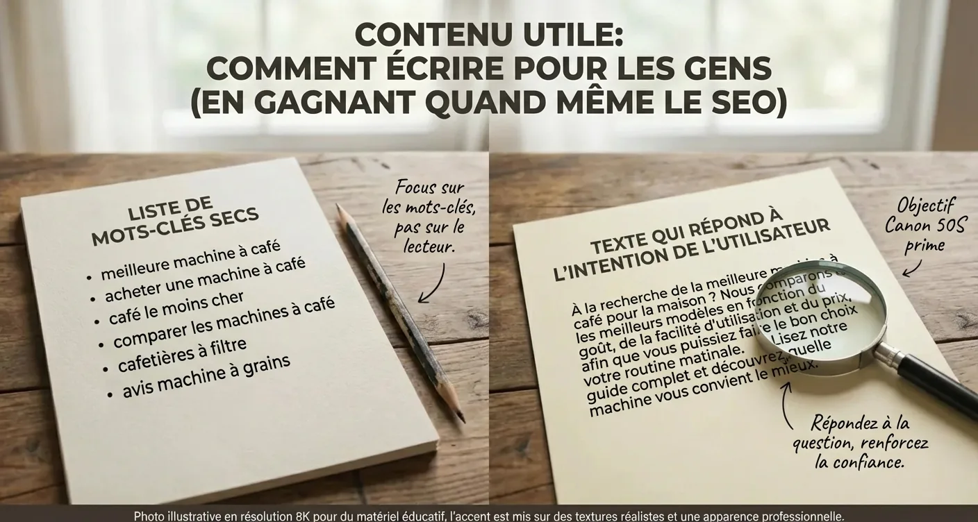 Comparaison rédaction SEO : mots-clés vs contenu utile pour humains. Optimisation pour moteurs de recherche et utilisateurs.
