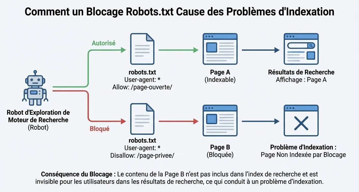 Infographie SEO: comprendre les erreurs de blocage du fichier robots.txt et leurs conséquences.