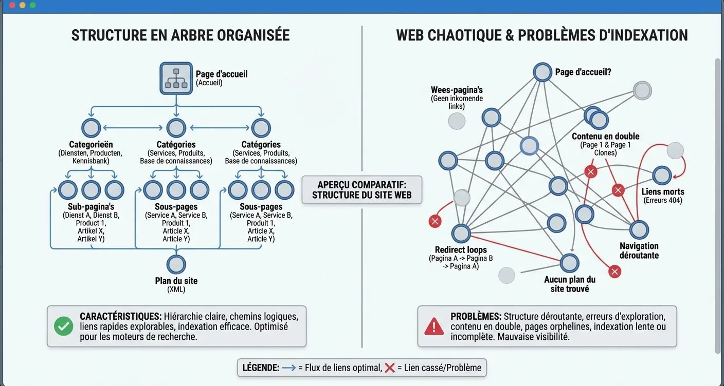 Réseau structuré hiérarchique vs système chaotique illustrant les problèmes de performance et de gestion.