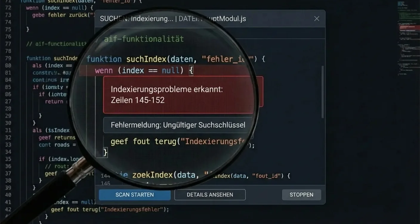 Digitales SEO-Analyse-Tool erkennt Indexierungsfehler im Quellcode für technische SEO-Optimierung.