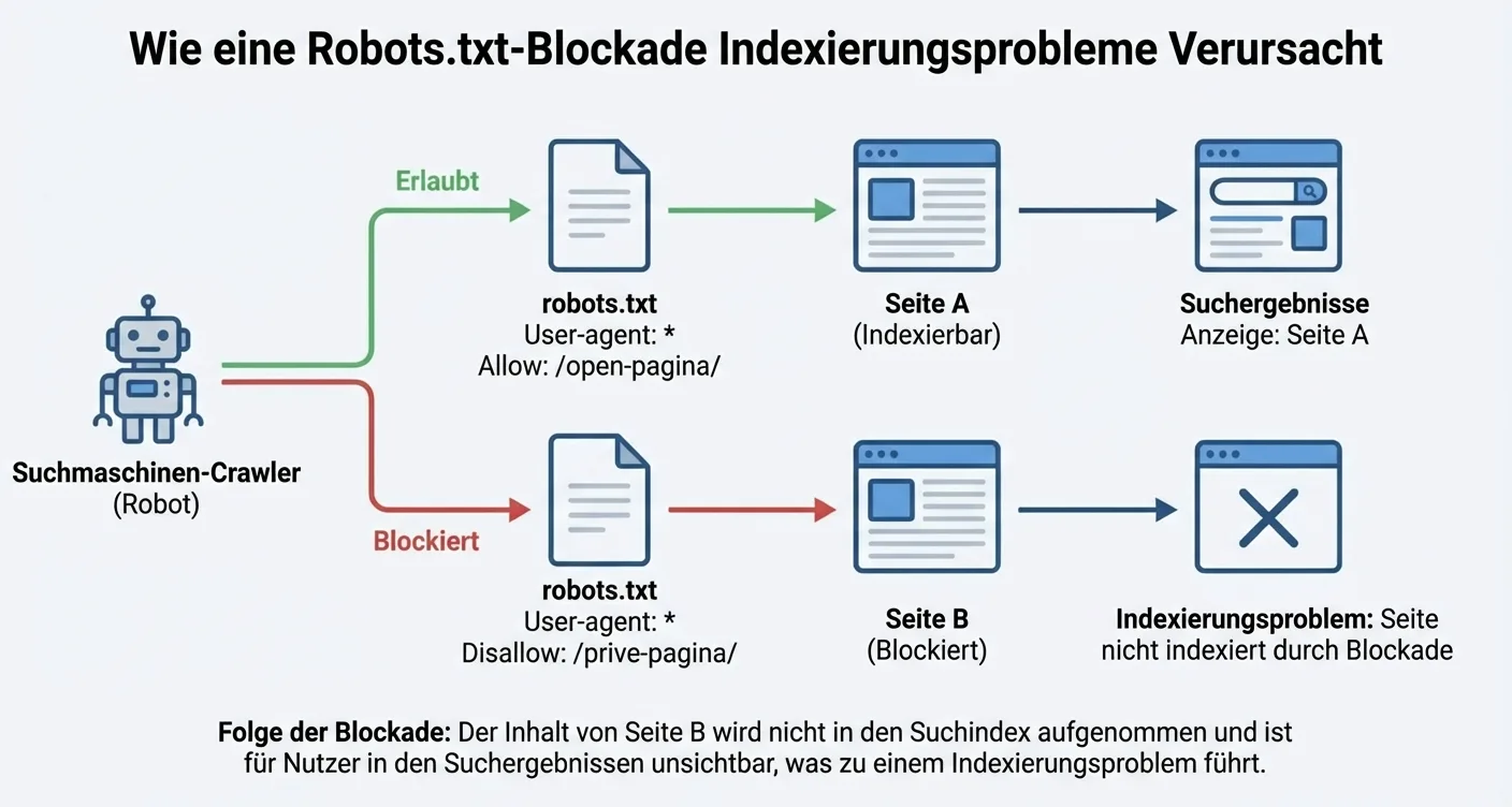 Infografik erklärt robots.txt Funktion, zeigt Blockaden & deren Folgen für SEO-Indexierungsprobleme.