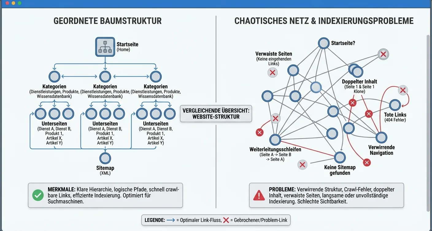 Optimale Website-Baumstruktur für SEO-Indexierung gegenüber chaotischem Web mit Crawling-Problemen.