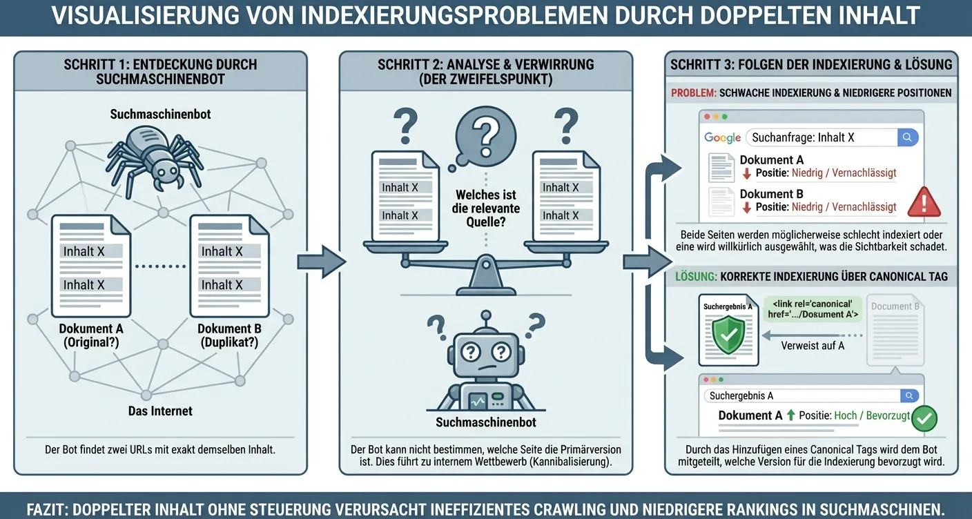 Suchmaschinen-Bot zögert bei doppelten Inhalten. Visualisierung von Indexierungsfehlern durch Duplicate Content zur SEO-Optimierung.