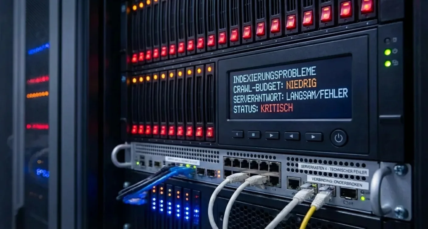 Serverraum mit blinkenden Lichtern zeigt SEO-Probleme wie Indexierungsfehler, Crawl-Budget-Engpässe und langsame Serverantwort.