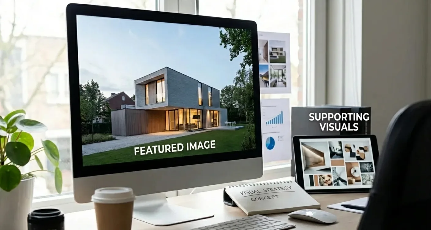 Close-up of a professional workspace with a digital screen highlighting a visual content marketing strategy and featured image.