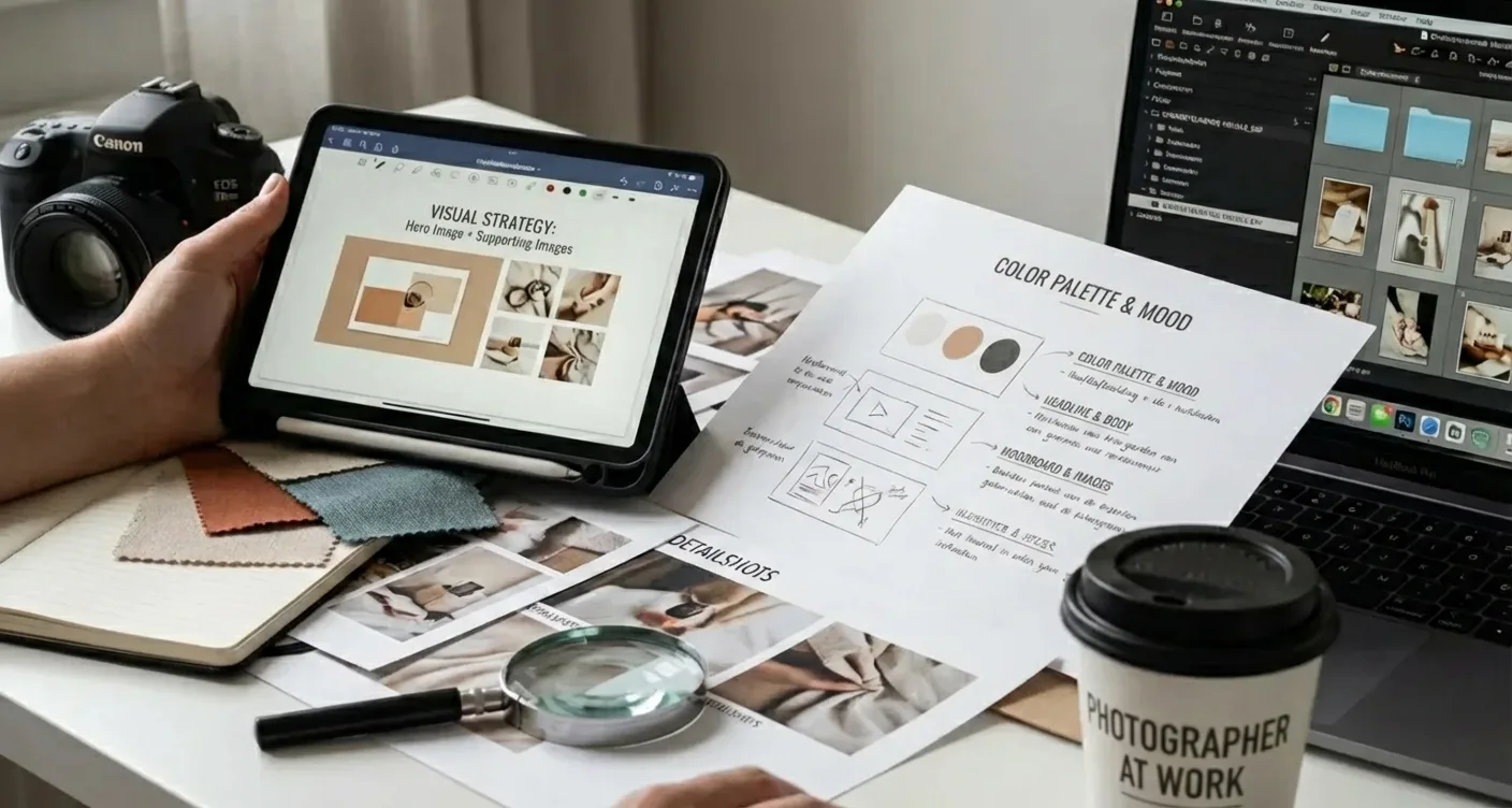 Photographer crafting visual content strategy, detailing supporting visuals.