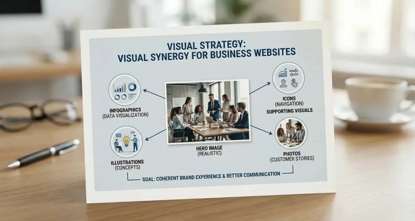 Infographic diagram outlining visual content strategy for business websites, illustrating main image & supporting graphics synergy.