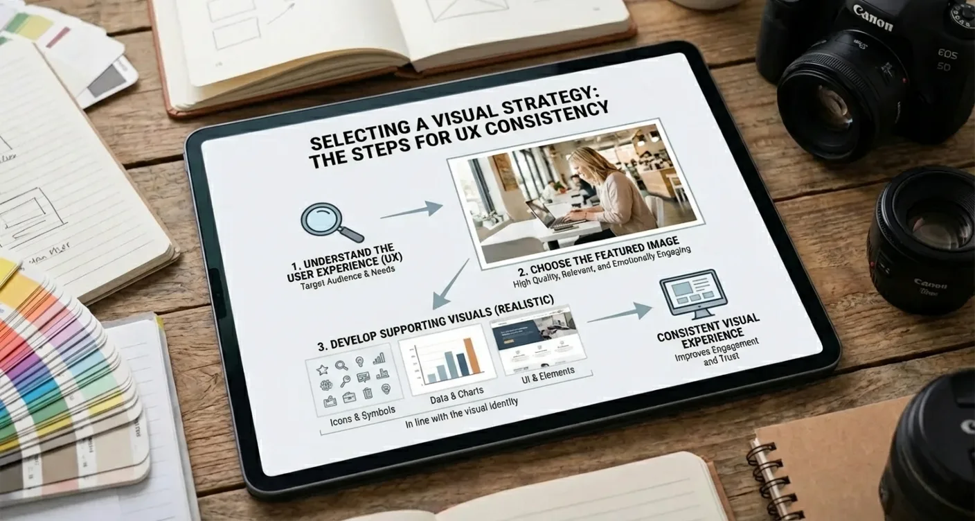 Infographic outlining steps to select a realistic visual content strategy for user experience alignment with featured visuals.