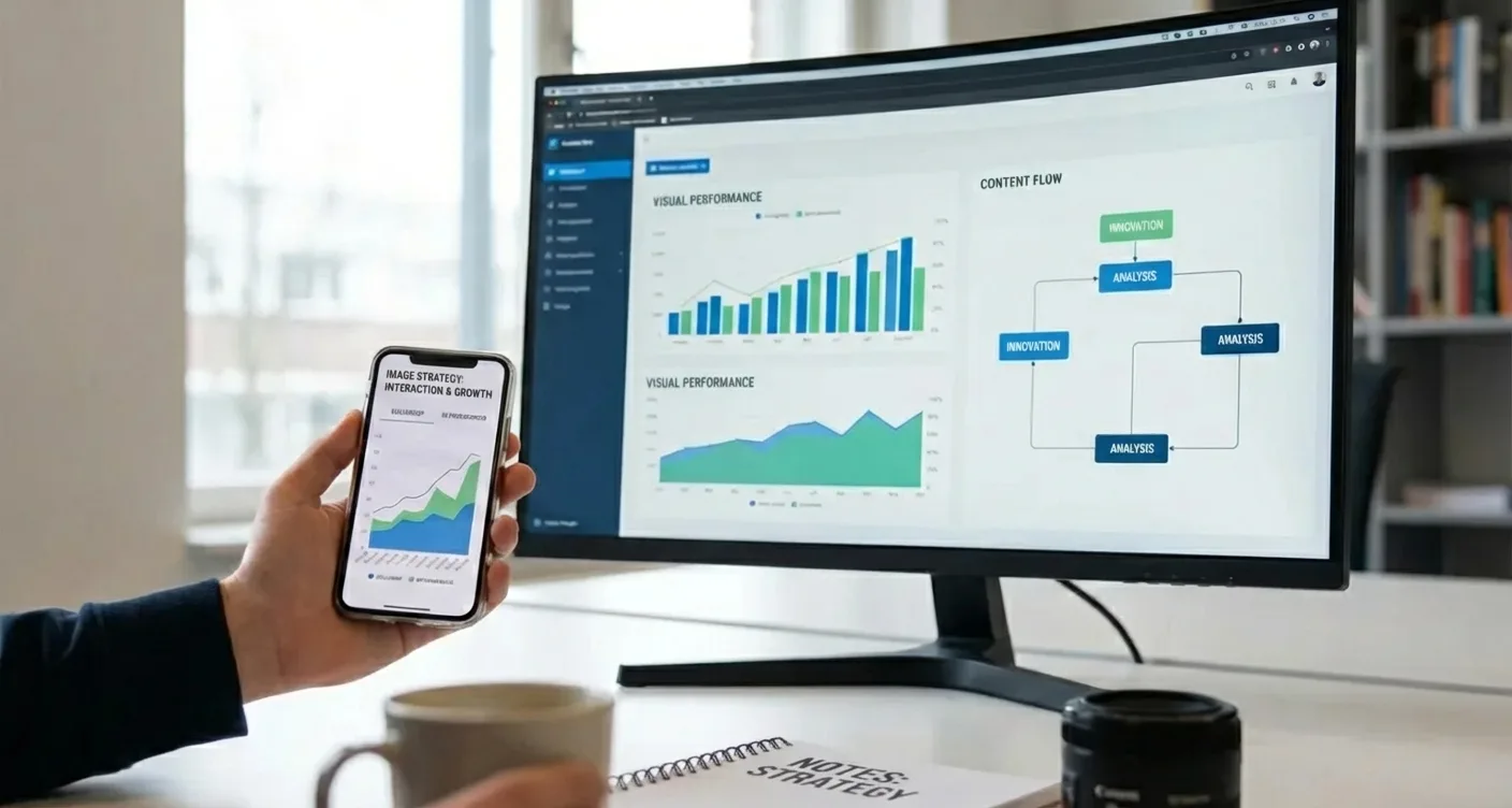Dynamic view of smartphone and desktop screens with clear charts, representing a professional visual content strategy and data visualization.