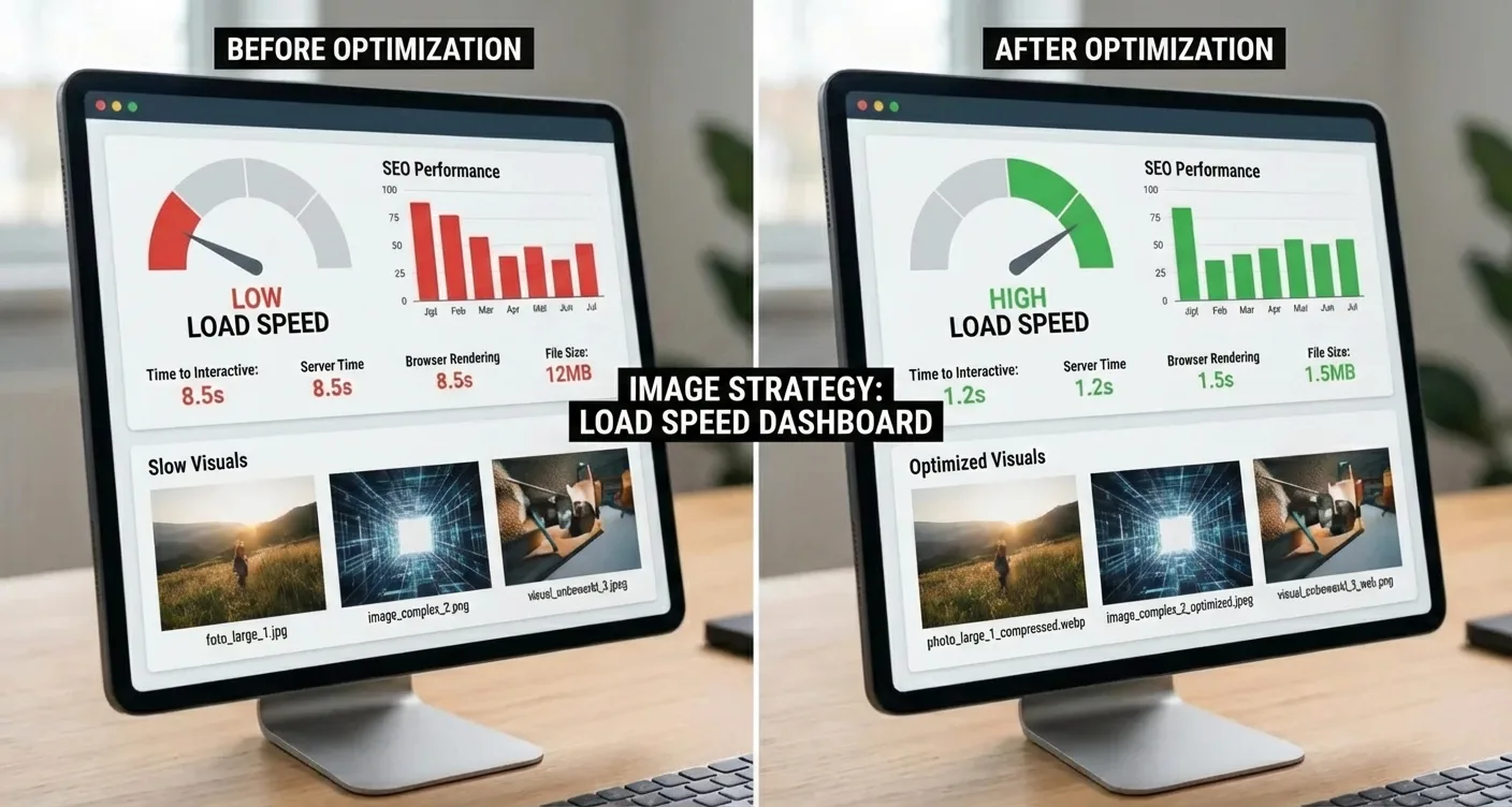Side-by-side dashboard: image loading speed before and after technical SEO optimization for visual content.