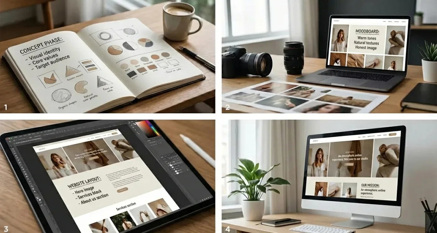 Step-by-step visual content strategy process showing concept development to consistent website layout and digital execution.