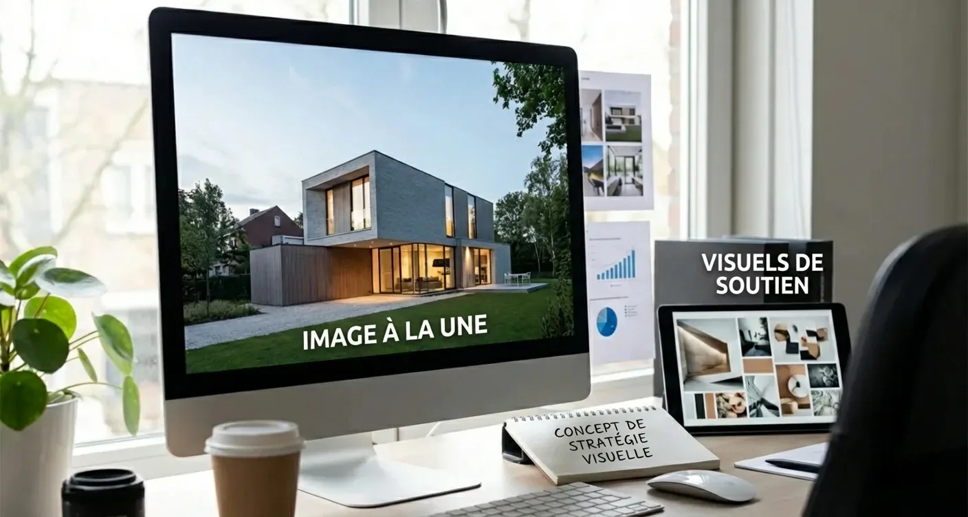 Bureau professionnel avec écran affichant stratégie visuelle, image à la une et visuels marketing numériques pour entreprise.