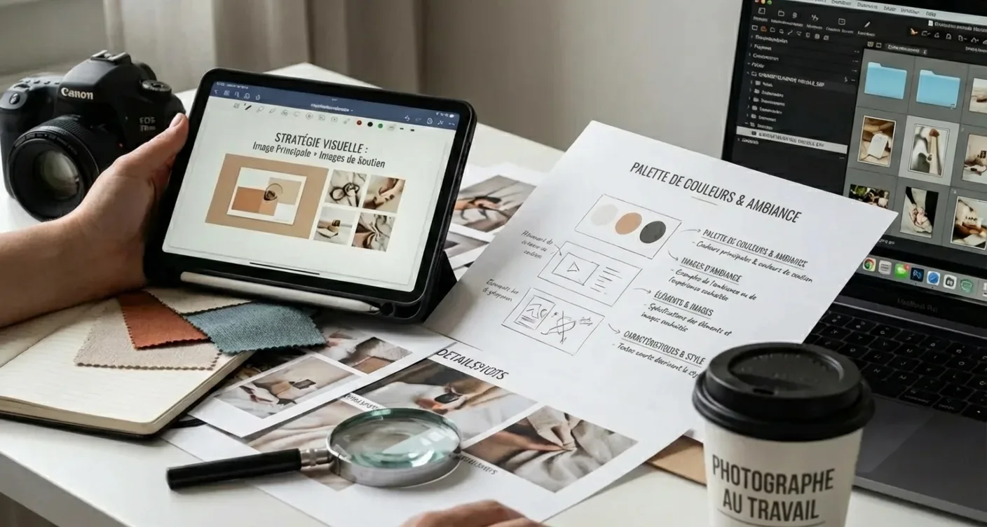 Photographe professionnel en gros plan optimisant une stratégie visuelle pour médias sociaux et web.